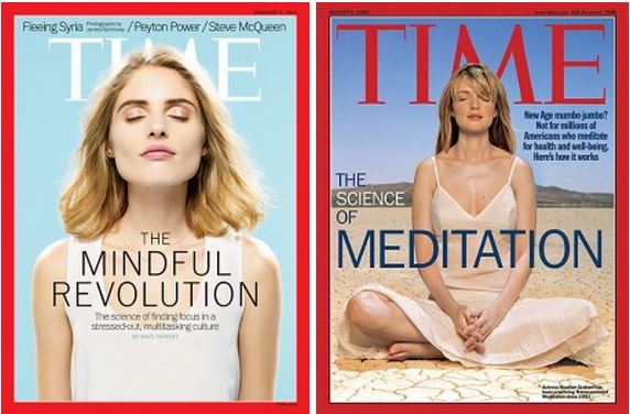 TIME magazine’s 2 Feb 2014 cover (above, left) announces the arrival of the “Mindful Revolution.” The publication joins a flurry of recent examples confirming that a shift is taking place in the representation of meditation in American popular media.