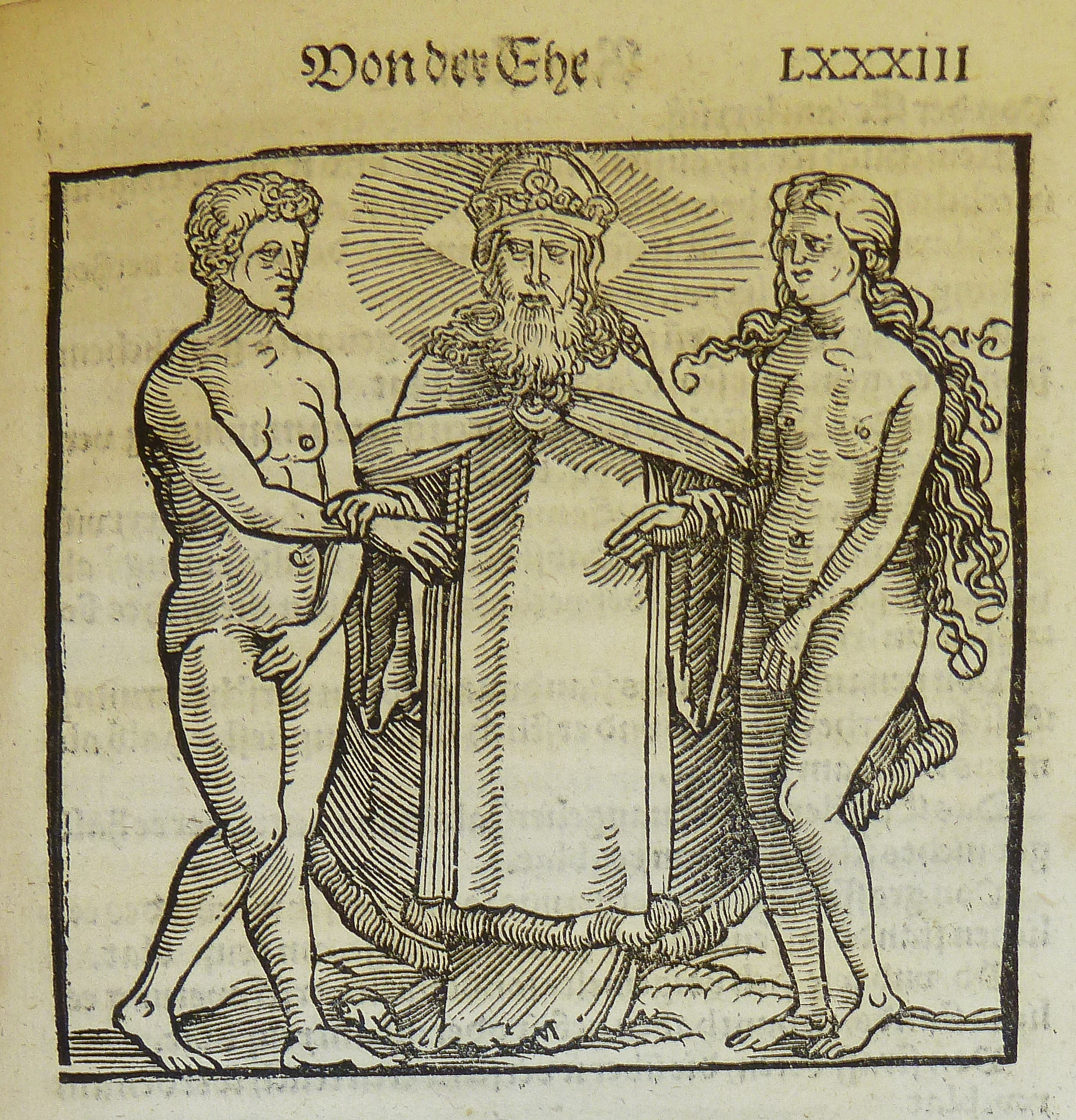 Woodcut illustration of God joining man and woman (or possibly Adam and Eve, specifically) in marriage, used by Heinrich Stayner of Augsburg photo by Penn Provenance Project on Flickr